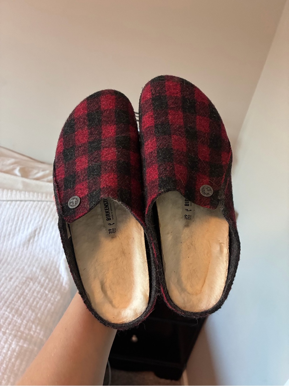 Birkenstock Red and Black Plaid Wool Slip-On Clogs
